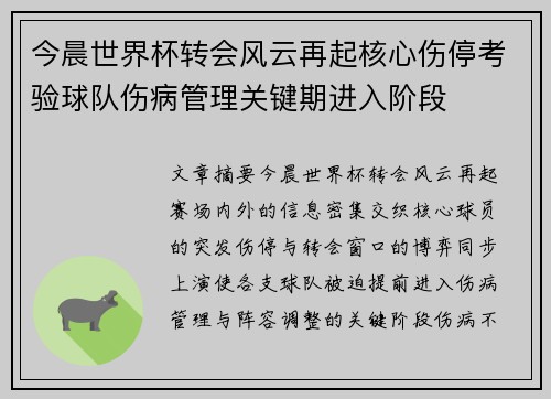 今晨世界杯转会风云再起核心伤停考验球队伤病管理关键期进入阶段